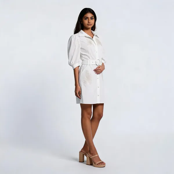 White_Cotton_Puff_Sleeve_Embroidered_Shirt_Dress_For_Women