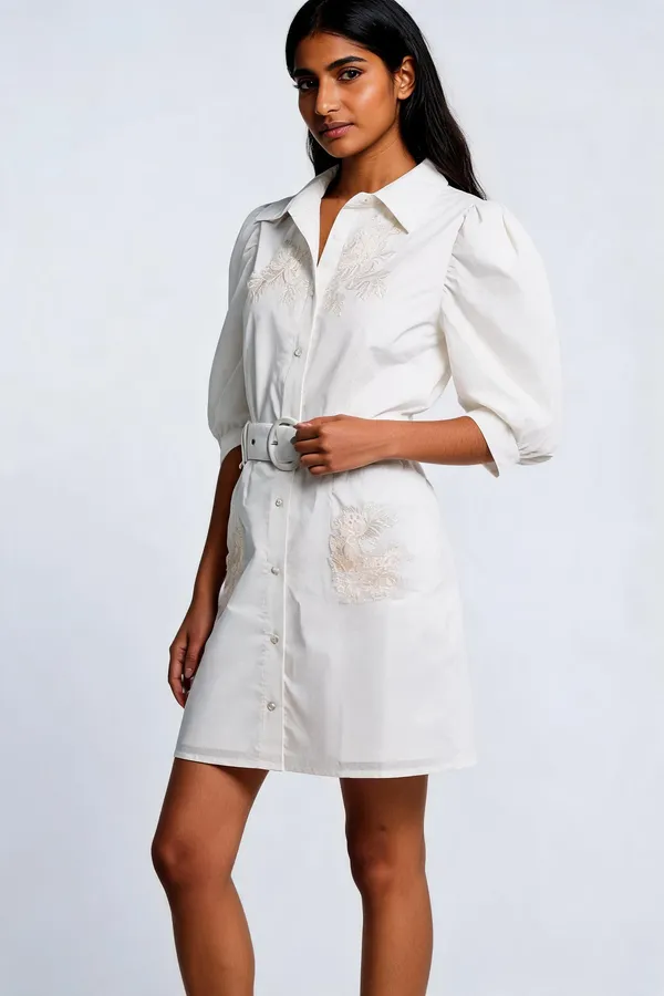 White_Cotton_Puff_Sleeve_Embroidered_Shirt_Dress_For_Women