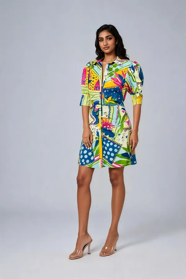 Multicolour_Cotton_Puff_Sleeve_Abstract_Print_Mini_Shirt_Dress_For_Women