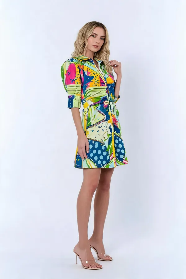 Multicolour_Cotton_Puff_Sleeve_Abstract_Print_Mini_Shirt_Dress_For_Women