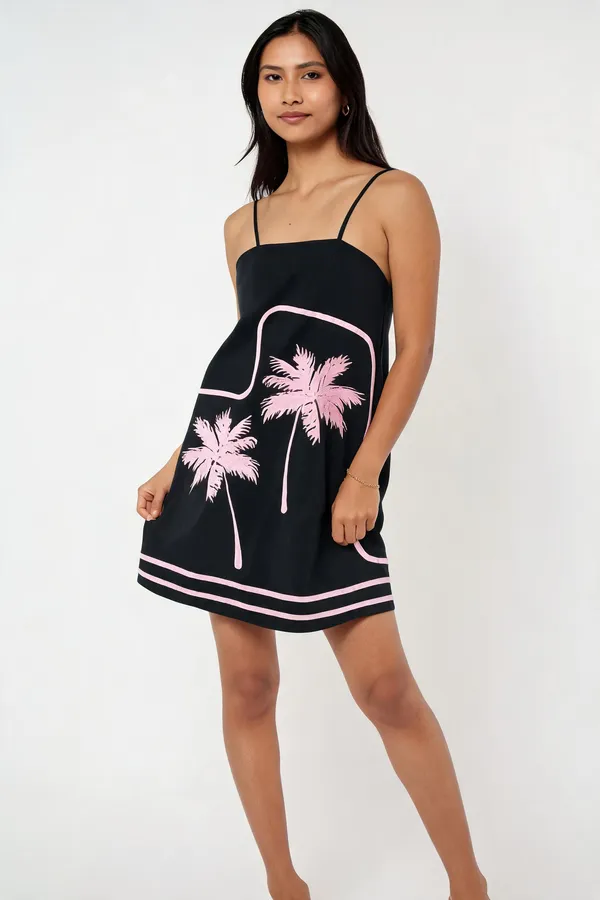 Black_And_White_Cotton_Beaded_Palm_Mini_Dress_For_Women