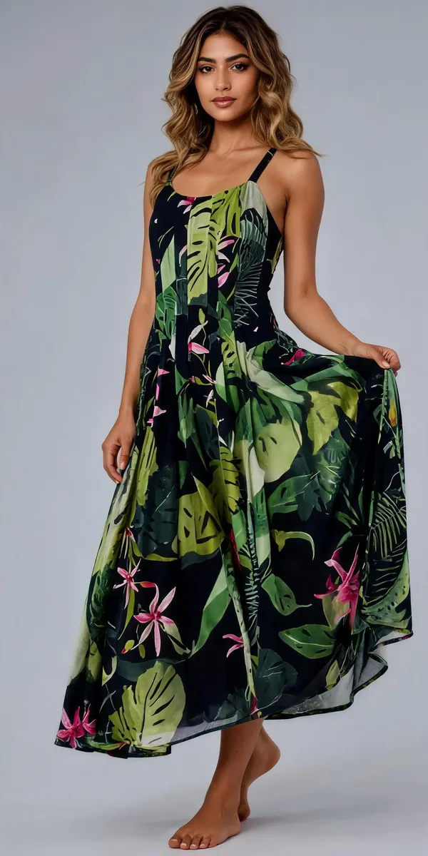 Green_Lyocell_Linen_Sleeveless_Tropical_Print_Maxi_Dress_For_Women