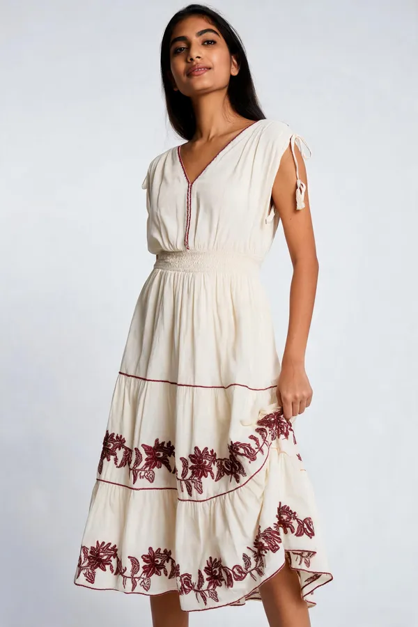 White_Cotton_Smocked_Waist_Tiered_Midi_Sundress_For_Women