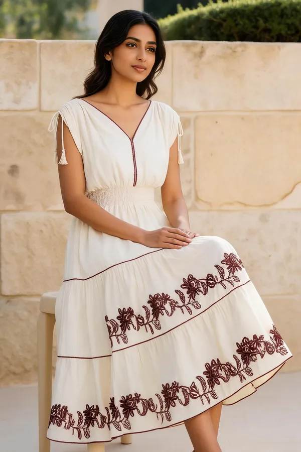 White_Cotton_Smocked_Waist_Tiered_Midi_Sundress_For_Women
