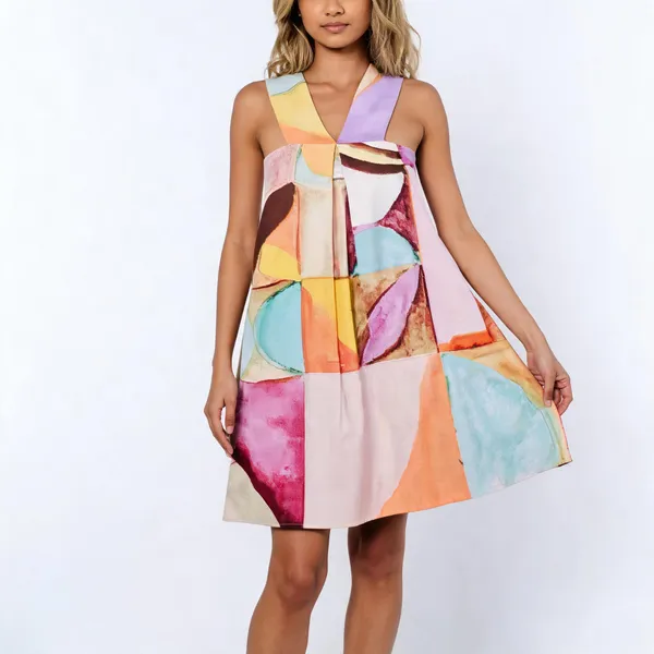 Multicolour_Cotton_Sleeveless_Abstract_Print_Mini_Dress_For_Women