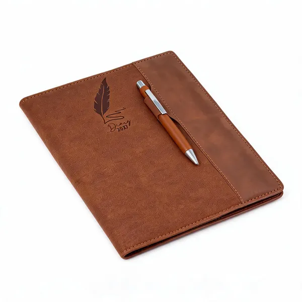 Brown_Leatherette_Embossed_Feather_Notebook_With_Pen_365_Pages