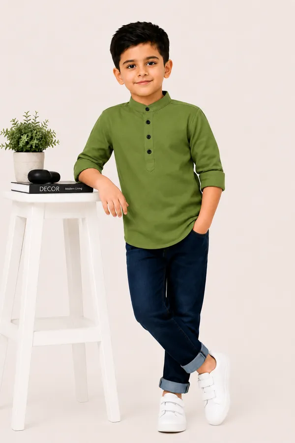Green_Cotton_Mandarin_Collar_Kurta_for_Boys