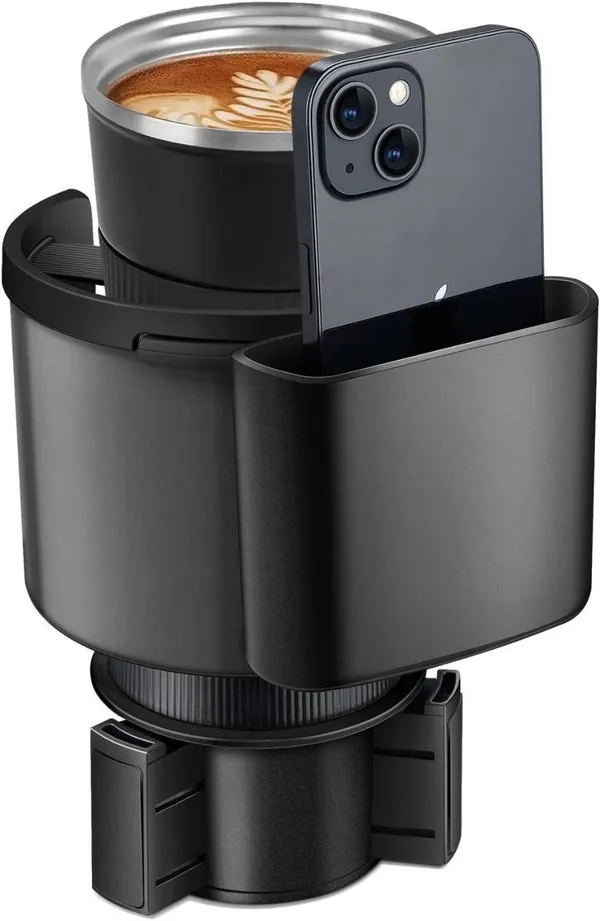 Black_Car_Cup_Holder_Expander_With_Phone_Holder