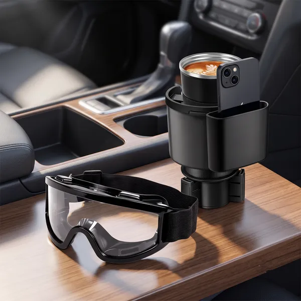 Black_Car_Cup_Holder_Expander_With_Phone_Holder_And_Wraparound_Clear_Lens_Protective_Safety_Goggles