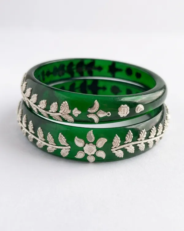 Dark_Green_Glass_Bangles_with_925_Silver_Floral_Filigree_(Set_of_2)
