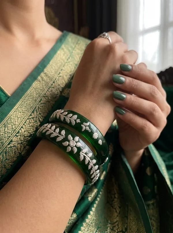 Dark_Green_Glass_Bangles_with_925_Silver_Floral_Filigree_(Set_of_2)