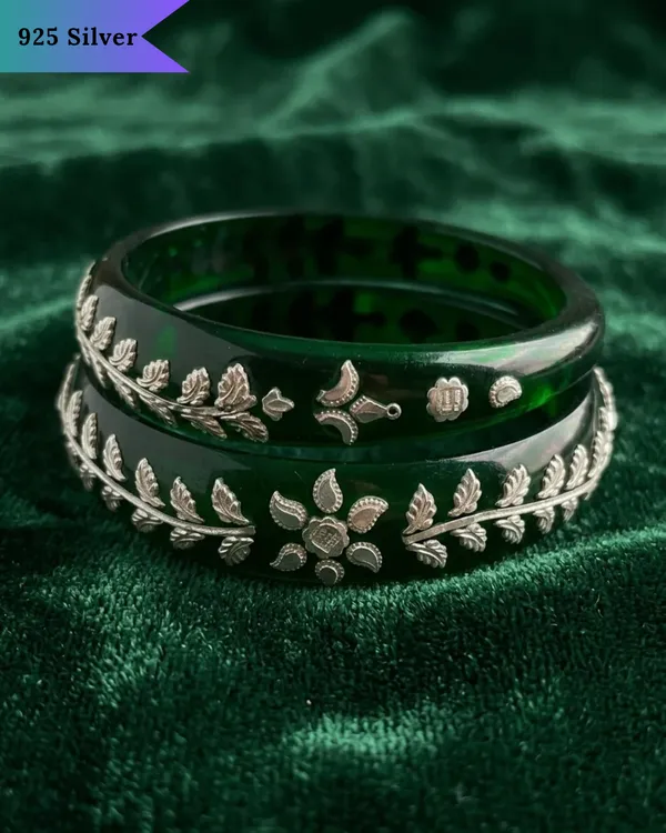Dark_Green_Glass_Bangles_with_925_Silver_Floral_Filigree_(Set_of_2)