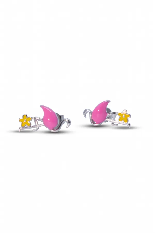 Tropical_Flamingo_&_Yellow_Flower_Enamel_Silver_Stud_Earrings_(925_Sterling_Silver)