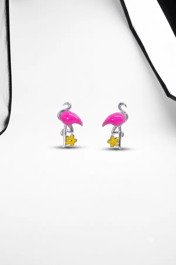 Tropical_Flamingo_&_Yellow_Flower_Enamel_Silver_Stud_Earrings_(925_Sterling_Silver)