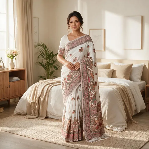 Ivory_Silk_Printed_Saree_With_Blouse_For_Women