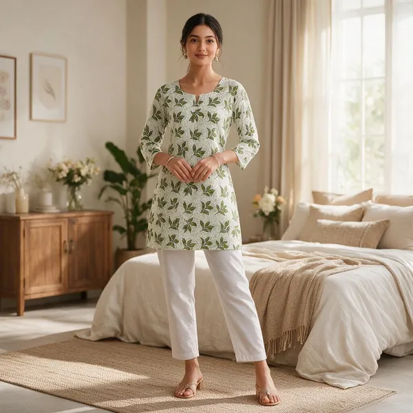 White_Green_Cotton_Straight_Kurta_For_Women