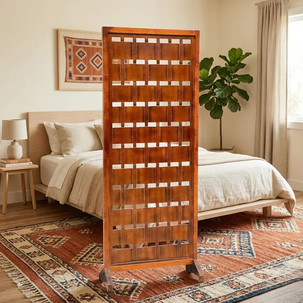 Handcrafted_Wooden_Room_Partition_Screen_with_Antique_Brass_Finish_Hinges_|_Decorative_Folding_Privacy_Screen_Divider_for_Living_Room_&_Bedroom_(Brown)_(Brown_Ligh_Walnut_1P_WS)