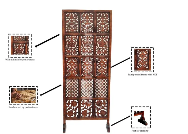 Handcrafted_Wooden_Room_Partition_Screen_with_Antique_Brass_Finish_Hinges_|_Decorative_Folding_Privacy_Screen_Divider_for_Living_Room_&_Bedroom_(Walnut_Brown)