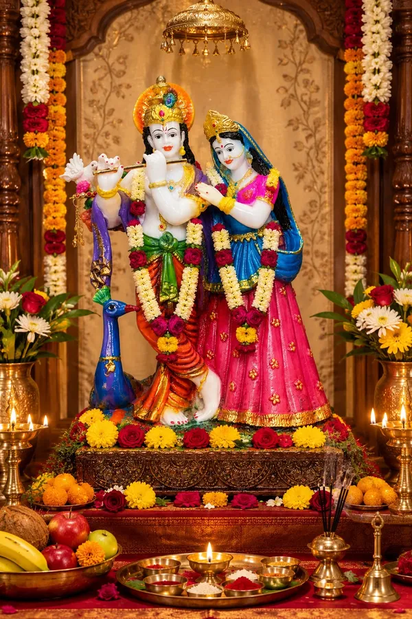 Divine_Radha_Krishna_Idol_with_Peacock_&_Pigeons_–_12_Inch