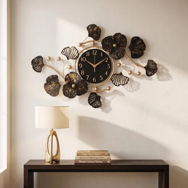 Decorative_Metal_Wall_Clock_with_Floral_Leaf_Design,_Black_&_Antique_Gold_Finish,_Artistic_Analog_Clock_for_Living_Room,_Bedroom,_Hall_&_Offic