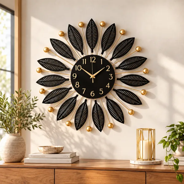 Luxury_Black_&_Gold_Metal_Leaf_Wall_Clock,_Decorative_Sunburst_Analog_Clock_for_Living_Room,_Hall,_Bedroom_&_Office