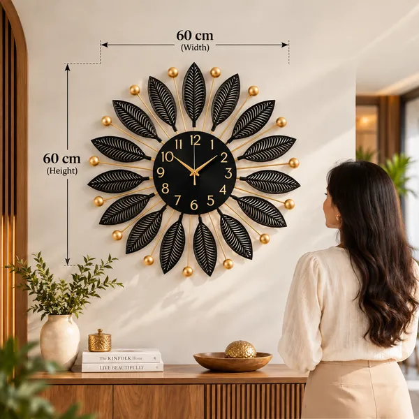 Luxury_Black_&_Gold_Metal_Leaf_Wall_Clock,_Decorative_Sunburst_Analog_Clock_for_Living_Room,_Hall,_Bedroom_&_Office