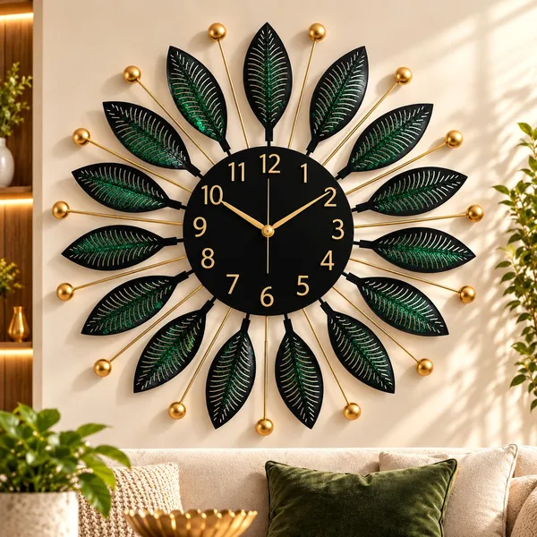 Luxury_Metal_Leaf_Wall_Clock_with_Green_Glitter_Accents,_Black_&_Gold_Decorative_Analog_Clock_for_Living_Room,_Bedroom,_Hall_&_Office