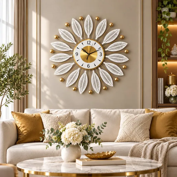 White_&_Gold_Metal_Leaf_Wall_Clock,_Decorative_Sunburst_Analog_Clock_for_Living_Room,_Hall,_Bedroom_&_Office