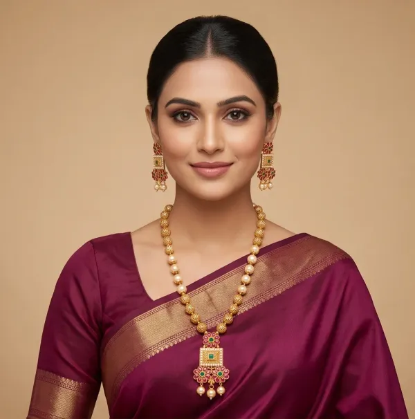 Traditional_Gold_Plated_Pearl_Stone_Long_Haar_Necklace_Set_With_Matching_Earrings
