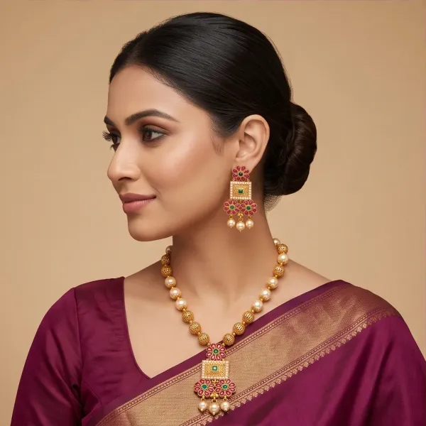 Traditional_Gold_Plated_Pearl_Stone_Long_Haar_Necklace_Set_With_Matching_Earrings