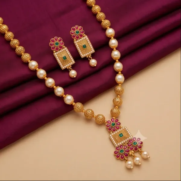 Traditional_Gold_Plated_Pearl_Stone_Long_Haar_Necklace_Set_With_Matching_Earrings