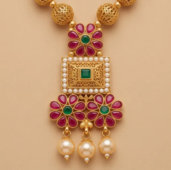 Traditional_Gold_Plated_Pearl_Stone_Long_Haar_Necklace_Set_With_Matching_Earrings