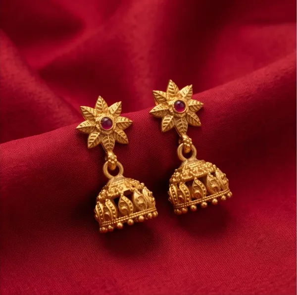 Antique_Gold_Floral_Star_Jhumka_Earrings_With_Ruby_Center_Stone
