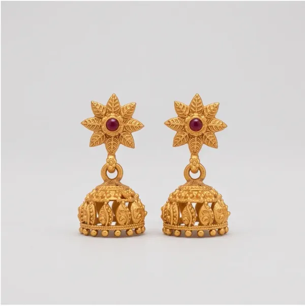 Antique_Gold_Floral_Star_Jhumka_Earrings_With_Ruby_Center_Stone