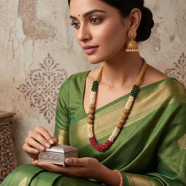 Gold_Plated_Beaded_Long_Haar_Set_With_Ruby_Emerald_Pearl_Clusters_And_Matching_Jhumkas