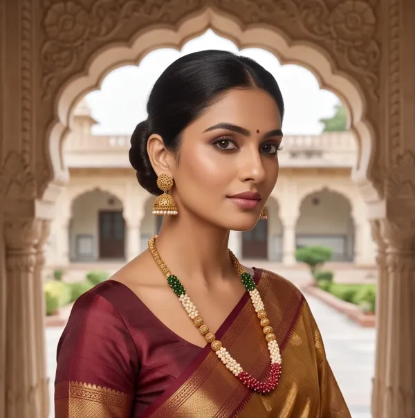 Gold_Plated_Beaded_Long_Haar_Set_With_Ruby_Emerald_Pearl_Clusters_And_Matching_Jhumkas