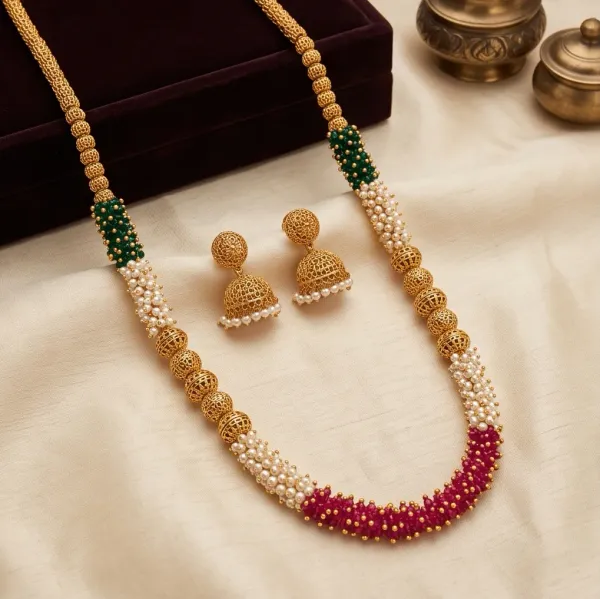 Gold_Plated_Beaded_Long_Haar_Set_With_Ruby_Emerald_Pearl_Clusters_And_Matching_Jhumkas