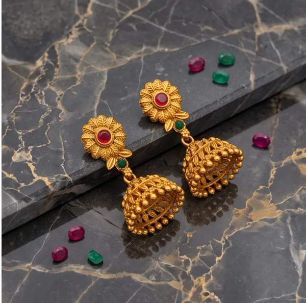 Antique_Gold_Floral_Crest_Jhumka_Earrings_With_Ruby_Emerald_Stones