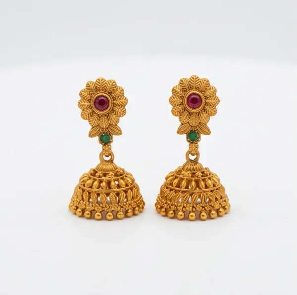 Antique_Gold_Floral_Crest_Jhumka_Earrings_With_Ruby_Emerald_Stones
