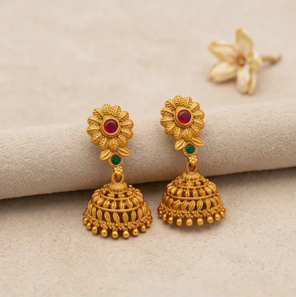 Antique_Gold_Floral_Crest_Jhumka_Earrings_With_Ruby_Emerald_Stones