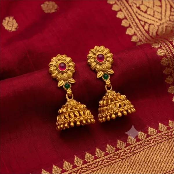 Antique_Gold_Floral_Crest_Jhumka_Earrings_With_Ruby_Emerald_Stones