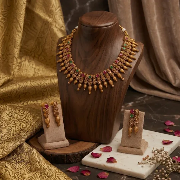 Antique_Gold_Plated_Necklace_Earring_Set_With_Ruby_Green_Stone_Accents