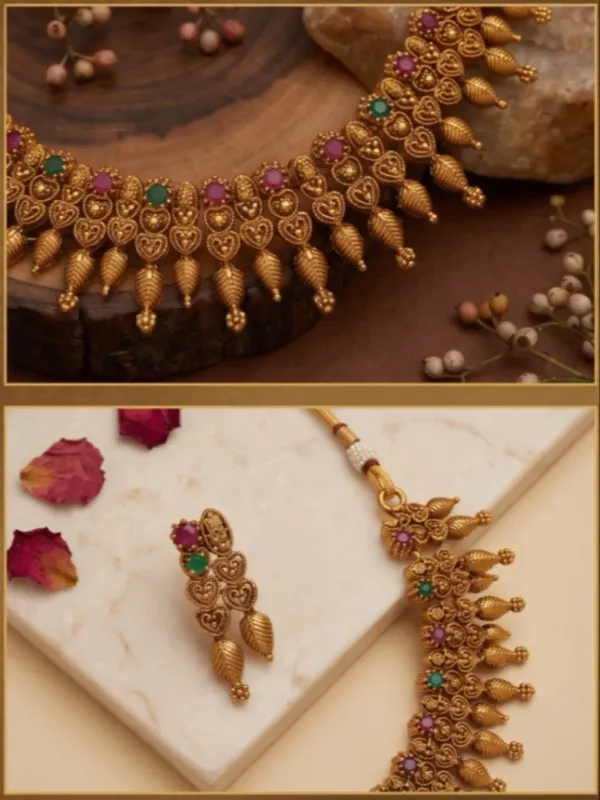 Antique_Gold_Plated_Necklace_Earring_Set_With_Ruby_Green_Stone_Accents