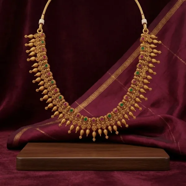Antique_Gold_Plated_Necklace_Earring_Set_With_Ruby_Green_Stone_Accents