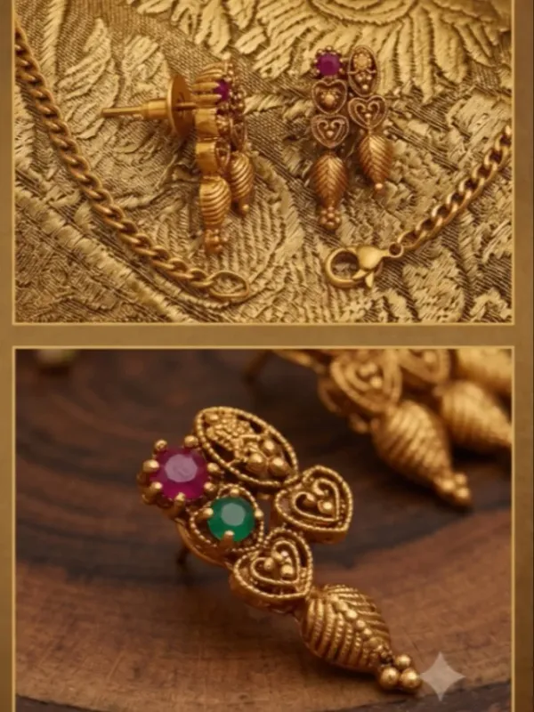 Antique_Gold_Plated_Necklace_Earring_Set_With_Ruby_Green_Stone_Accents