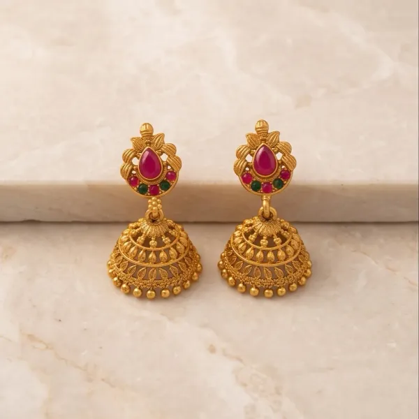 Antique_Gold_Peacock_Feather_Jhumka_Earrings_With_Green_Ruby_Stones