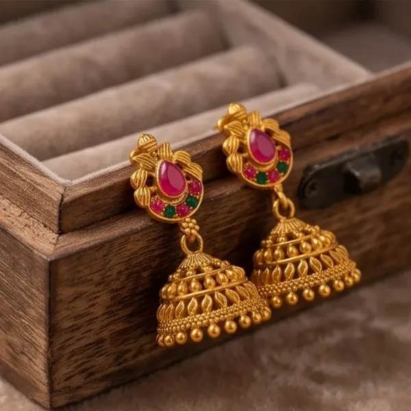 Antique_Gold_Peacock_Feather_Jhumka_Earrings_With_Green_Ruby_Stones