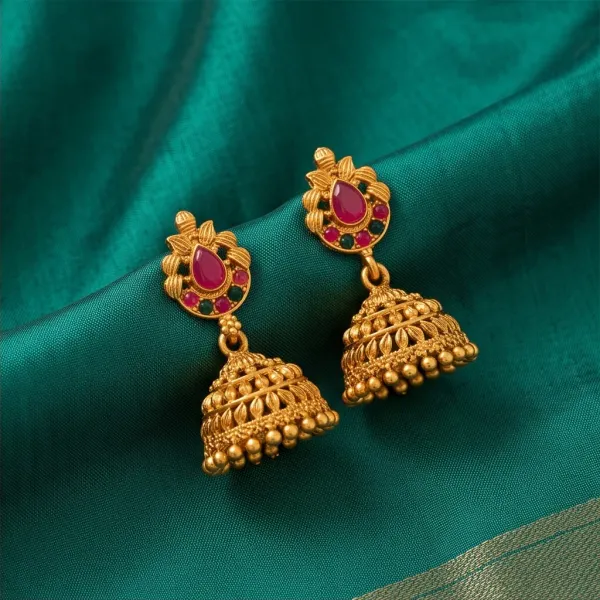 Antique_Gold_Peacock_Feather_Jhumka_Earrings_With_Green_Ruby_Stones