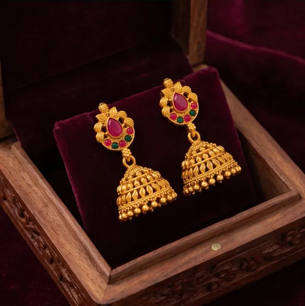Antique_Gold_Peacock_Feather_Jhumka_Earrings_With_Green_Ruby_Stones
