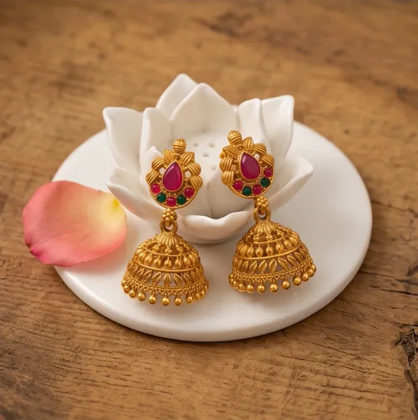 Antique_Gold_Peacock_Feather_Jhumka_Earrings_With_Green_Ruby_Stones